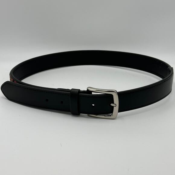 NWT Black Leather Multicolor Cotton Fabric Inlay Silvertone Metal Buckle Belt M - Picture 6 of 12